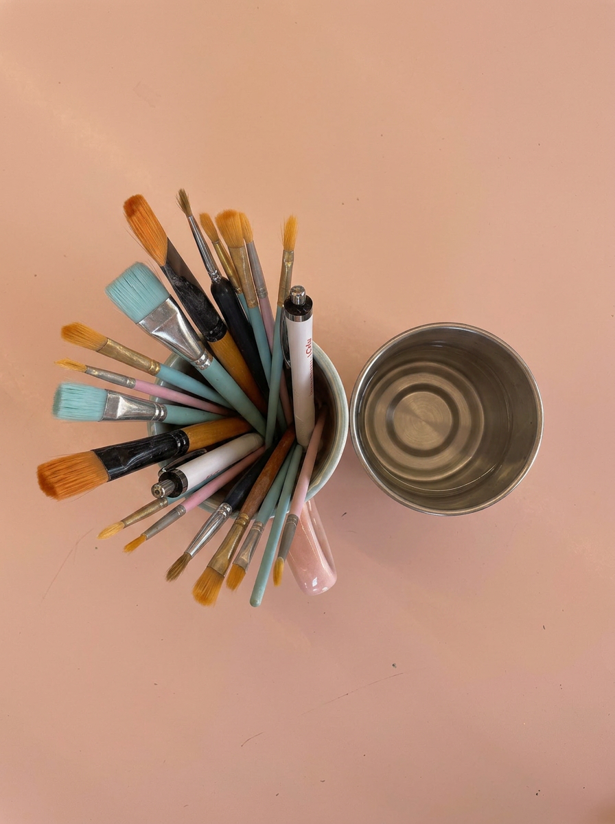 Painting pottery pieces with brushes and glazes