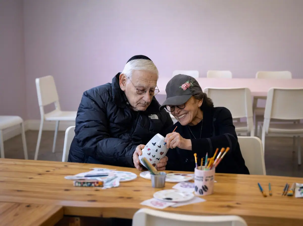 Couple painting pottery together at the studio